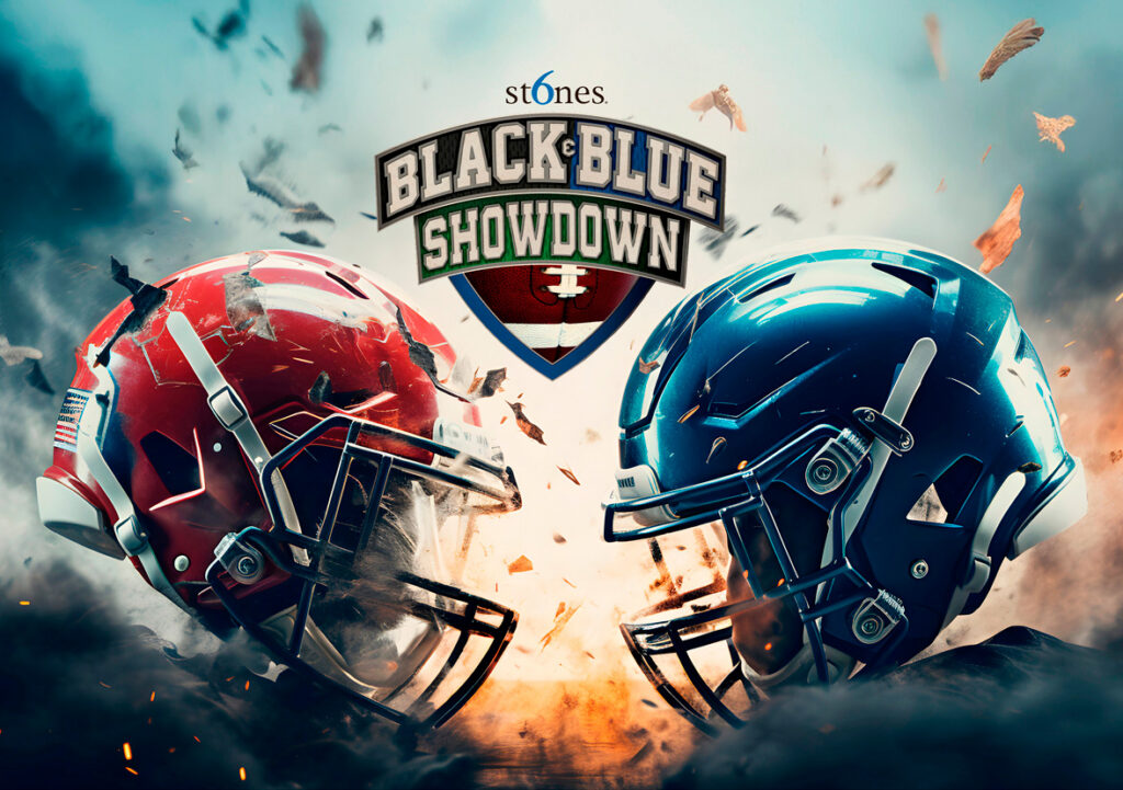 Black & Blue Food Drive Showdown graphic with red and blue football helmets representing the Trinity and L.D. Bell rivalry.